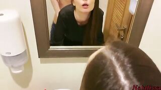 A petite brunette babe gave a blowjob to her boyfriend in the restaurant toilet