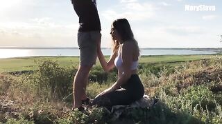 A girl was trained outdoors and had sex with a guy in a risky spot