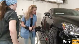 Apprentice mechanic gets fucked by lesbian shop owner in scene 4