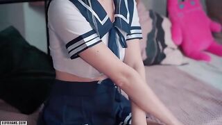 Schoolgirl with cute face gets fucked and receives creampie