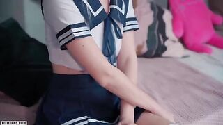 Schoolgirl with cute face gets fucked and receives creampie