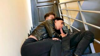 A couple has sex on the stairs of their apartment, getting caught