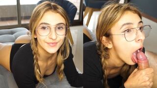 A young girl made a deep blowjob and received a huge throat pie