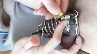 Prostate massage with shock vibrator and cock estim for chastity