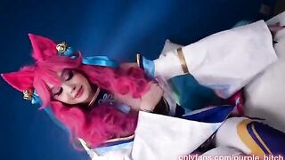 Spirit Blossom Ahri enjoys intense action with a big cock, showcasing her tight holes
