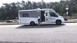Public sex at the A1 motorway - Fuck me in wetlook leggings and douse me with cum