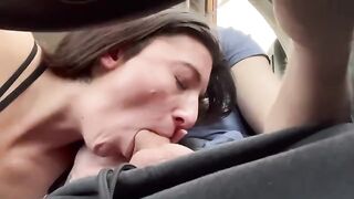 A hot road head blowjob scene with an amateur couple on a real road trip