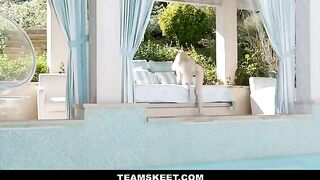 Tiny yoga girl Lola Fae gets fucked by her mom’s boyfriend by the pool