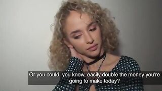 Petite curly-haired Spanish babe gets fucked in the hallway