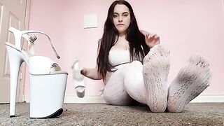 Dirty white tights and pleaser foot worship with a sensual twist, inspired by Foot Worship’s kinky flair