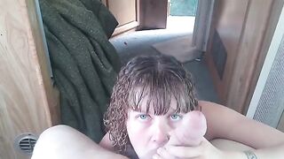 Petite slut Lavender Joy deepthroats and swallows cum in POV