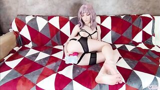 A lot of sperm flows out of her pierced pussy in sexy lingerie
