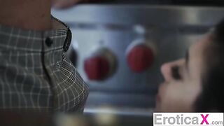 The cute couple has a passionate sex in the kitchen, just like in their favorite EroticaX video