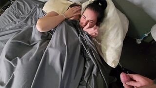 Pissing on two girls in bed, then they wet their panties and make out