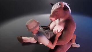 A wild cow in a fur suit is milking the ranger