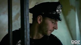 Hot FFM threesome in police station with glamour and rough sex