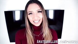 Petite brunette teen Kimora Quin gets her throat filled with cock in steamy scene