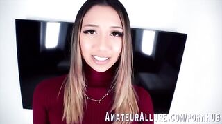Petite brunette teen Kimora Quin gets her throat filled with cock in steamy scene