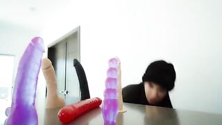 Fucking my ass and pussy with the neighbor's dildos until I squirt, a wild solo ride!