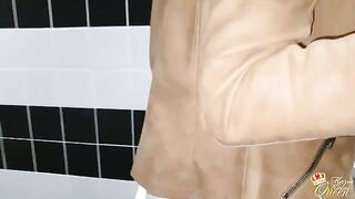 Public toilet sex with a brunette woman and her partner in doggy style