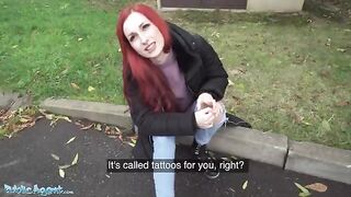 Redhead Brit shows off her pierced tits for cash in a steamy Public Agent scene