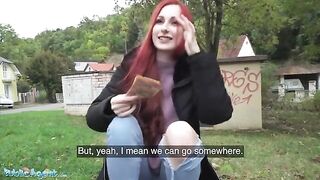 Redhead Brit shows off her pierced tits for cash in a steamy Public Agent scene