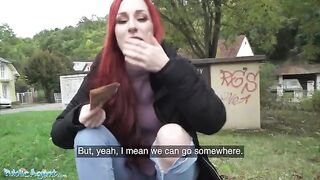 Redhead Brit shows off her pierced tits for cash in a steamy Public Agent scene