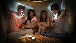 Two naughty boys scared and fucked Penelope and Aubrey in a story