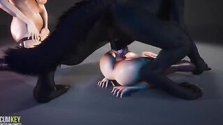 A couple of appetizing girls seduced a werewolf to fuck with them