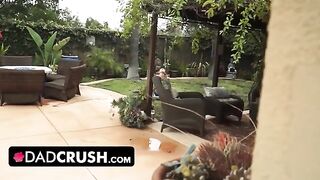 Fit girl lets pervert stepdad finger and fuck her pussy by the pool