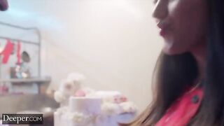 The baker competed for a prize, showcasing her skills in a steamy kitchen encounter