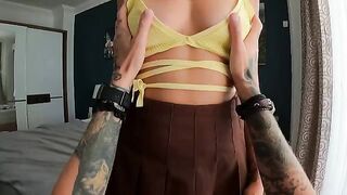 The guy made a cum shot in the mouth and on the tits of a hot beauty