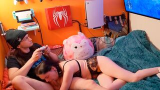 Gamer girl relaxes with a blowjob while playing Elden Ring, embodying the free use spirit