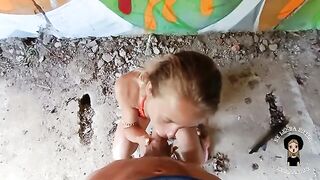A young and beautiful blonde woman was fucking with a guy in an abandoned building