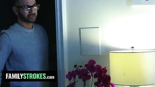 The stepdaughter, in red underwear, pleases her stepfather while her stepmom is in the room