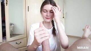 This petite college girl is hungry for cum and she will suck your dick dry
