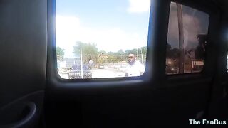 Queen Rogue rides big dick on a fan bus