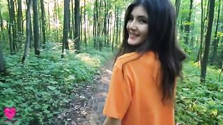 A girl is walking in the forest and meets a guy to get sperm