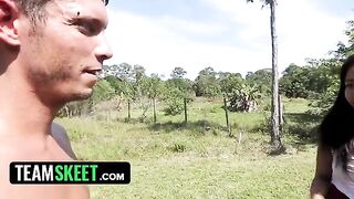 The gorgeous ebony babe Adrian Maya with a big ass gets fucked by a worker in the garden