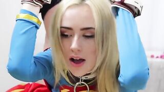 Candy White, in a superheroine cosplay, is tied up and pleasured