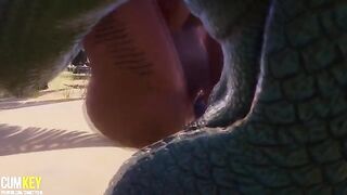 Two sexy girls are being fucked by a monster with a huge cock in 3D
