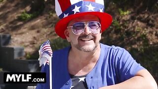 Two sexy MILFs and a stepson fucked two pussies on the 4th of July