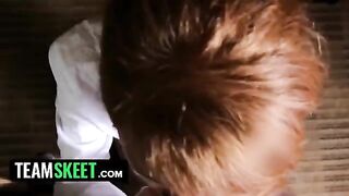 The red-haired housekeeper Abbey Rain gets on her knees to please