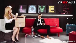 Petite brunette Claudia Bavel enjoys her first threesome