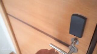 Petite curly-haired babe stuck under the couch, gets fucked and cummed