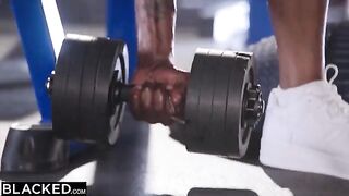 Two beautiful girls, Brandi and Kenzie, are having fun with two black men in the gym