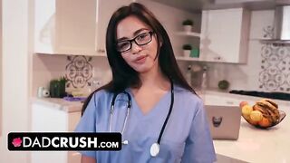 A stepdaughter in a nurse's uniform tests her stepfather's willpower