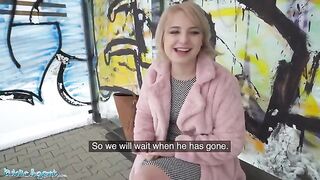 Short haired blonde is picked up at the bus stop for a cash deal