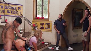 Hot busty MILF housekeeper gets fucked hard by a group of young college guys in a wild gangbang and bukkake scene