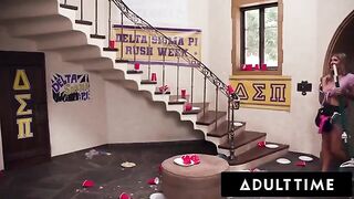 Hot busty MILF housekeeper gets fucked hard by a group of young college guys in a wild gangbang and bukkake scene